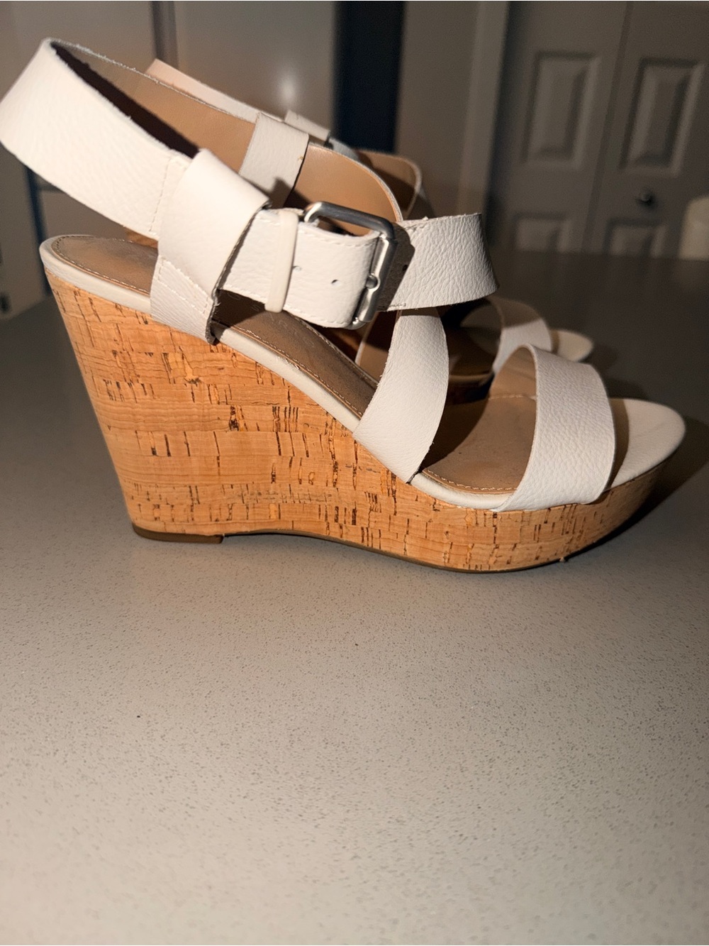White Leather Cork Wedge Sandals with Ankle Buckle NEW size 8.5 - Picture 3 of 8